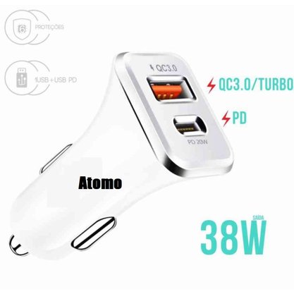 Carregador Celular Turbo Veicular Atomo USB+Tipo C